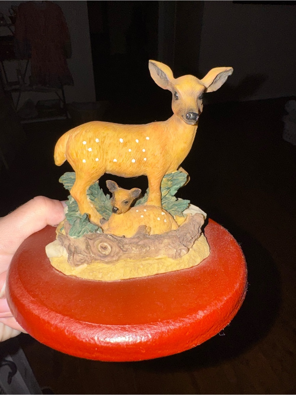 Vintage Fawn Figurine on Wooden Base - Deer Mom & Baby Statue
